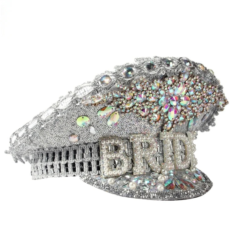 Rhinestones Bridal Hat for Wedding Glittering Fedora Sequin Hat Novelty-Party Hat Holiday Captain Hat for Bridal Shower 56 60cm 2