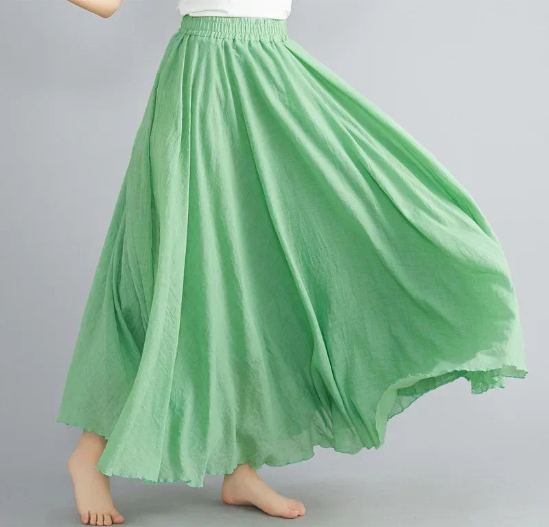 Fashion Cotton Linen Clothes Women Skirts Maxi Y2k Elegant Beach Saia Ropa Mujer Casual Vestido Boho Long Skirt Faldas Harajuku fruit green