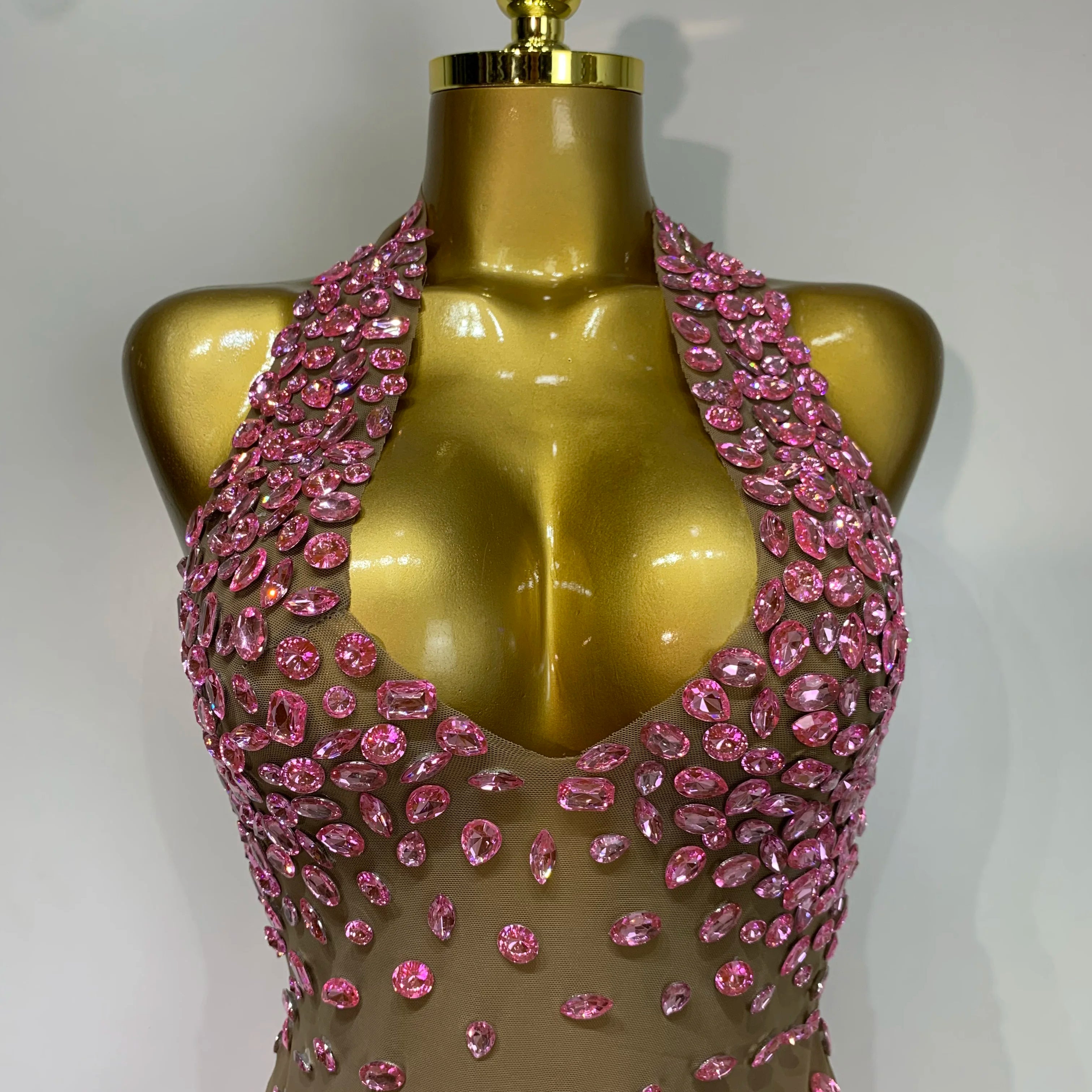 Luxury Rhinestones Backless Mini Dress Women Sexy Mesh Transparent Celebrate Evening Birthday Photo Shoot Perform Stage Outfit