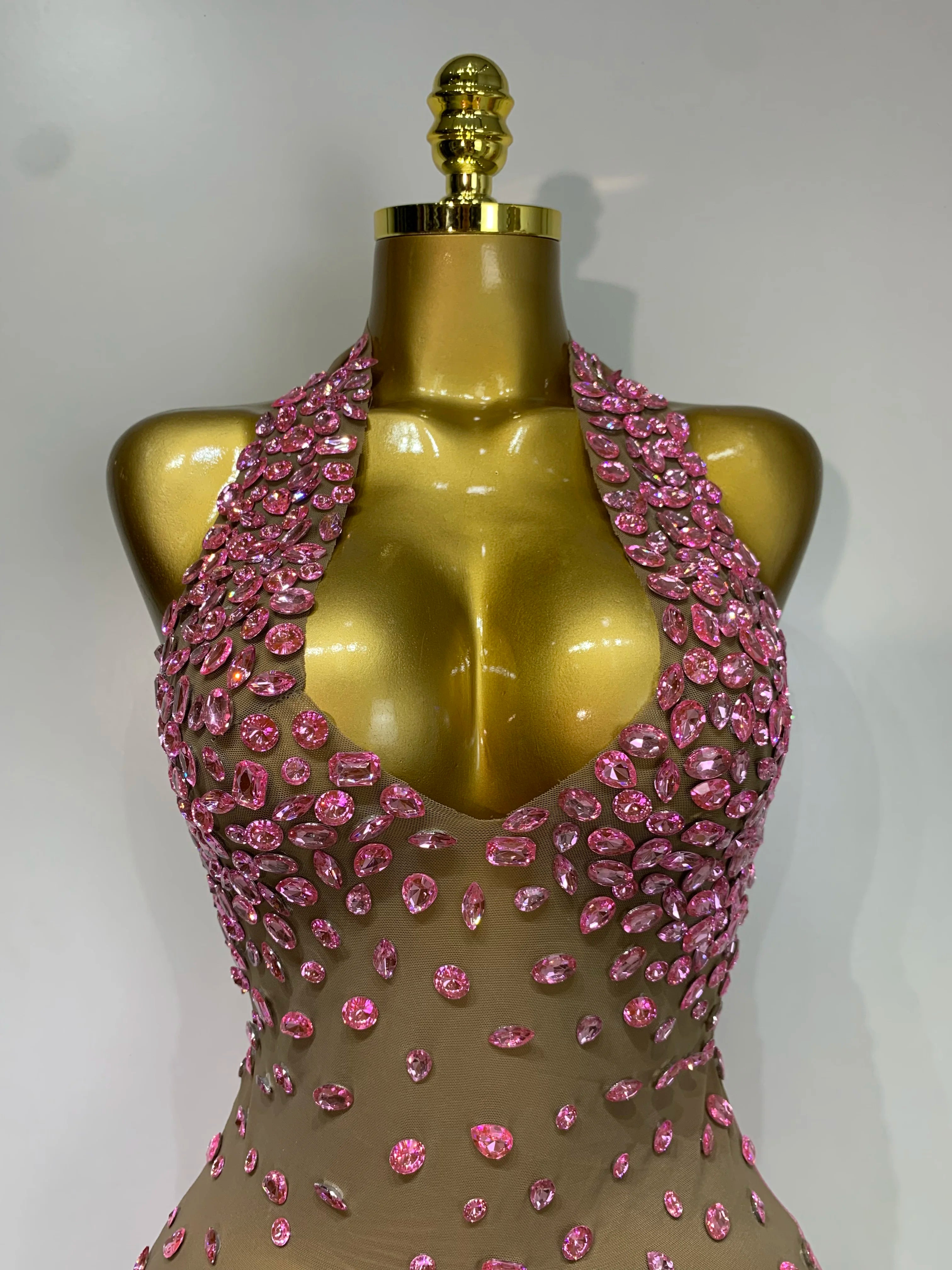 Luxury Rhinestones Backless Mini Dress Women Sexy Mesh Transparent Celebrate Evening Birthday Photo Shoot Perform Stage Outfit