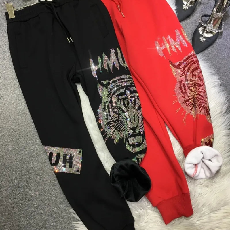 4XL Plus Size Luxury Brand Thick Rhinestone Tiger Pant Women Autumn 150 KG Casual Large Size Trousers Ladies Streetwear Winter