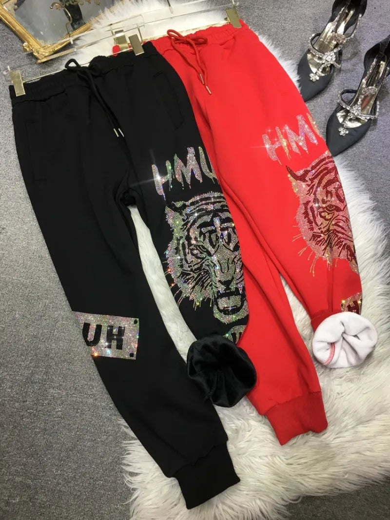 4XL Plus Size Luxury Brand Thick Rhinestone Tiger Pant Women Autumn 150 KG Casual Large Size Trousers Ladies Streetwear Winter
