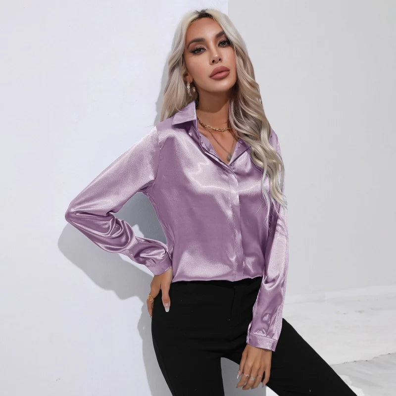 Spring Autumn Satin Shirt Women V Neck Long Sleeve Office Shirt Blouses Ladies Black White Silk Loose Shirts For Women Z