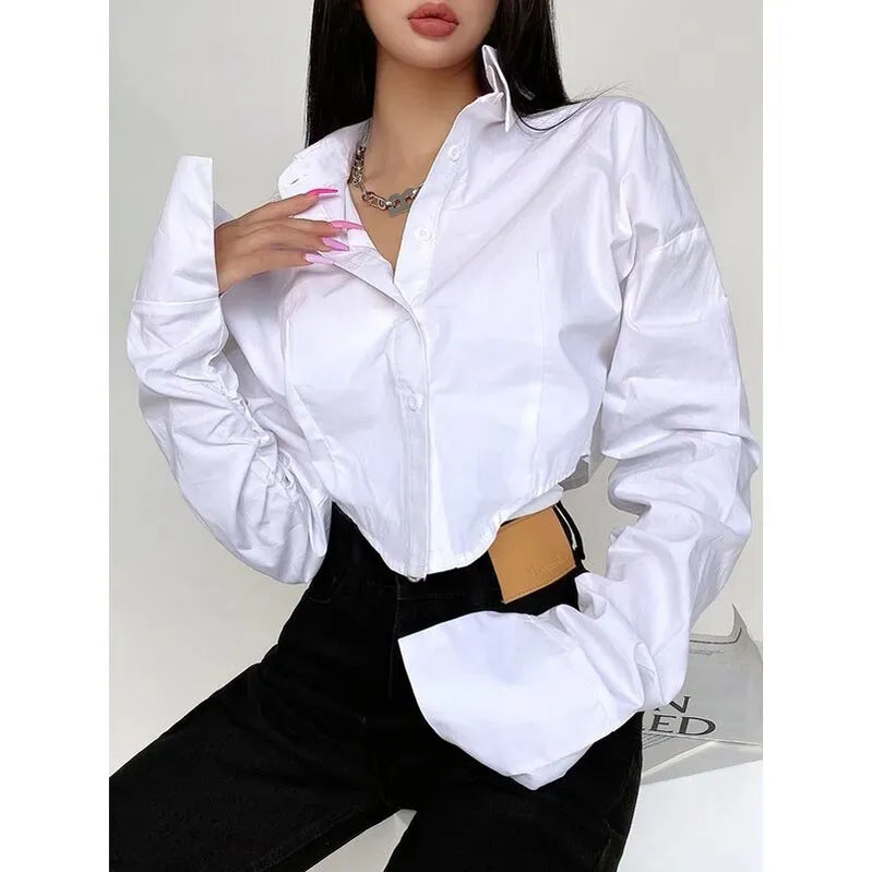 Spring Korean Style Long Sleeve White Shirt Women Sexy Button Ladies Crop Tops Blouse Street New In Female Clothing White