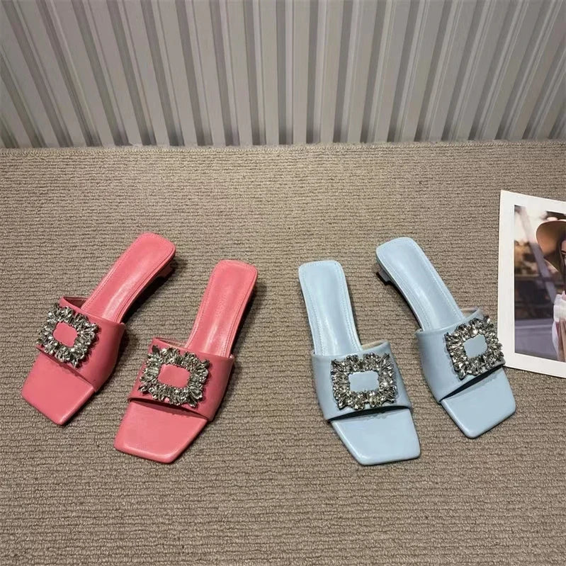 Elegant S Slippers Women's Open Toe Flat Heel Slip-on Muller Shoes Crystal Slippers Brand Rhinestone Square Buckle Sandals Mujer