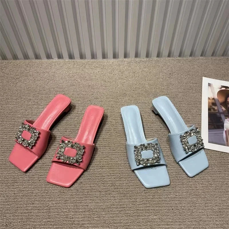 Elegant S Slippers Women's Open Toe Flat Heel Slip-on Muller Shoes Crystal Slippers Brand Rhinestone Square Buckle Sandals Mujer