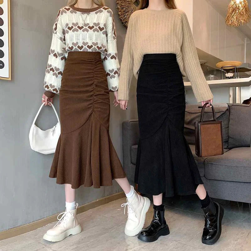Fashion High Waist Midi Skirts for Women Spring Slim Fit Hip Mermaid Skirt Woman Korean Ruffles Brown Skirts 2XL