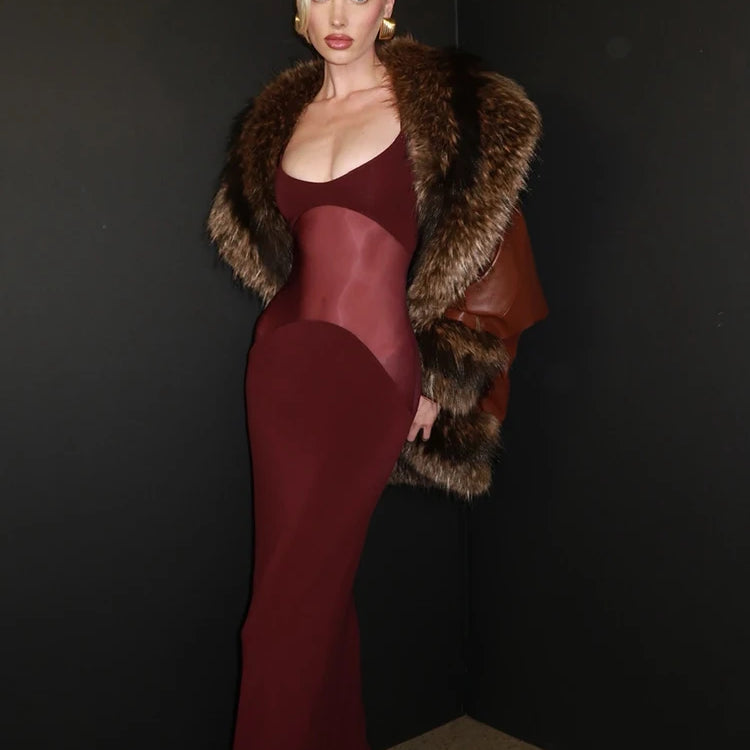 VC Burgendy See Through Mesh Patchwork Long Dress 2025 Summer Backless Skinny Tight Maxi Bodycon Cocktail Party Wear Vestidos