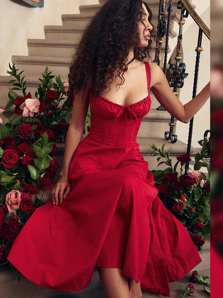 Elegant A Line Midi Dress Sexy Spaghetti Strap Lace Up Red Holiday Party Dresses Split Summer Dresses Women