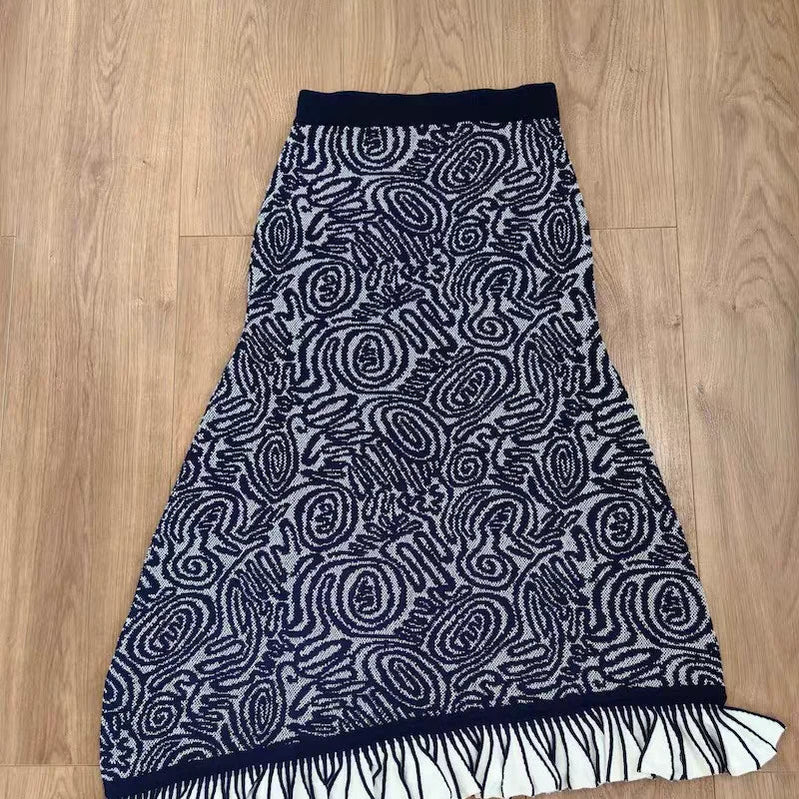 Women Retro Ruffles Edge Decoration Knitted Top+ Irregular Camisole+ Long Skirt