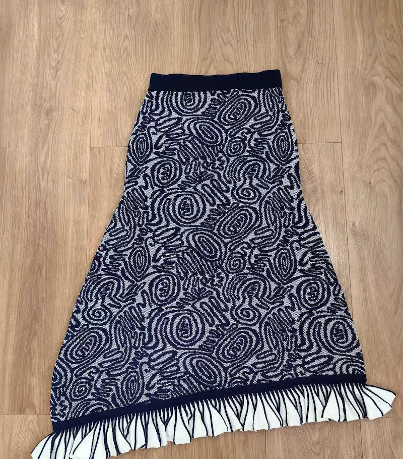 Women Retro Ruffles Edge Decoration Knitted Top+ Irregular Camisole+ Long Skirt