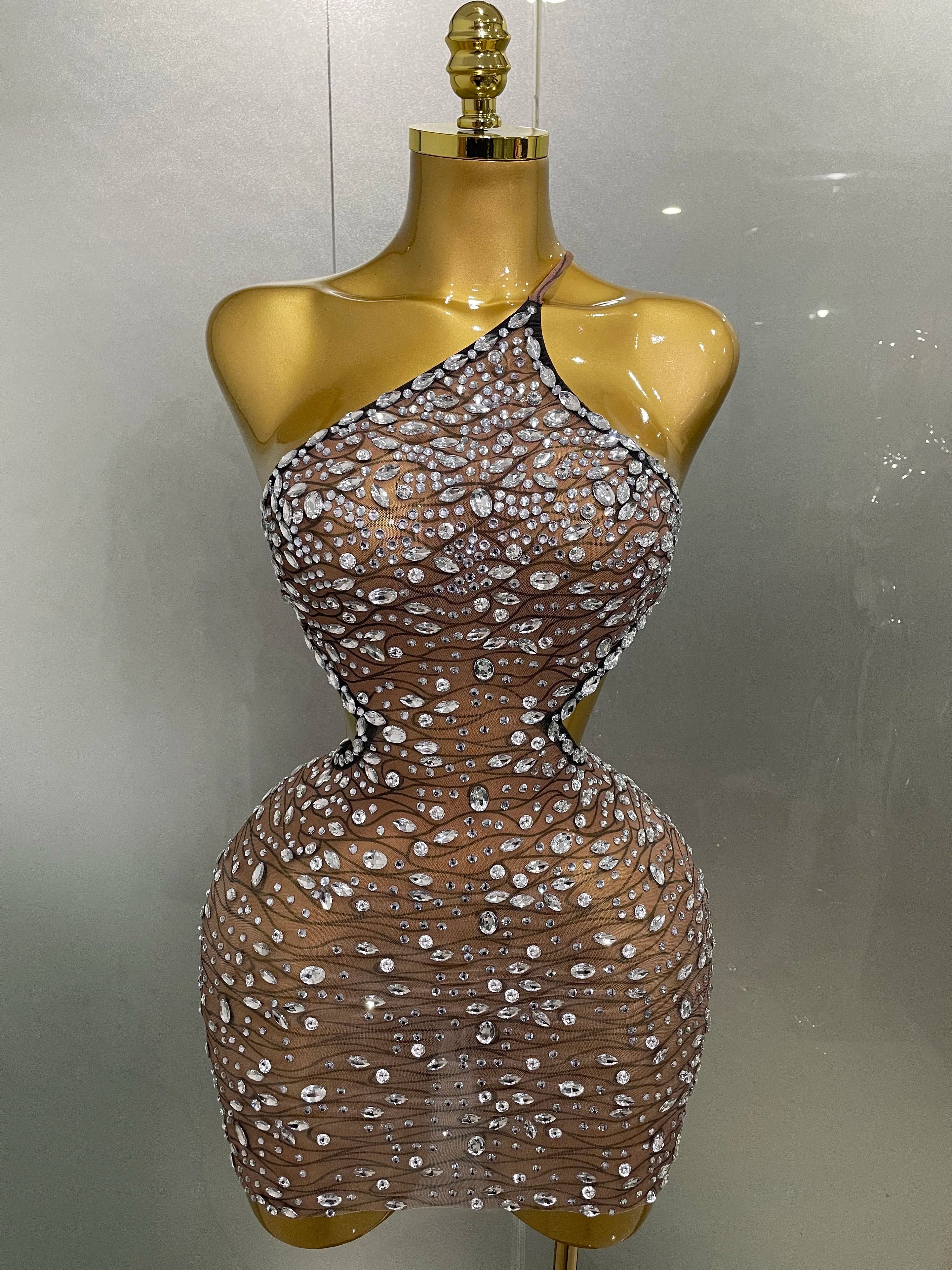 Novo vestido curto sensual brilhante com strass e costas nuas, 2025, para mulheres, festa de aniversário, boate, palco, fantasia