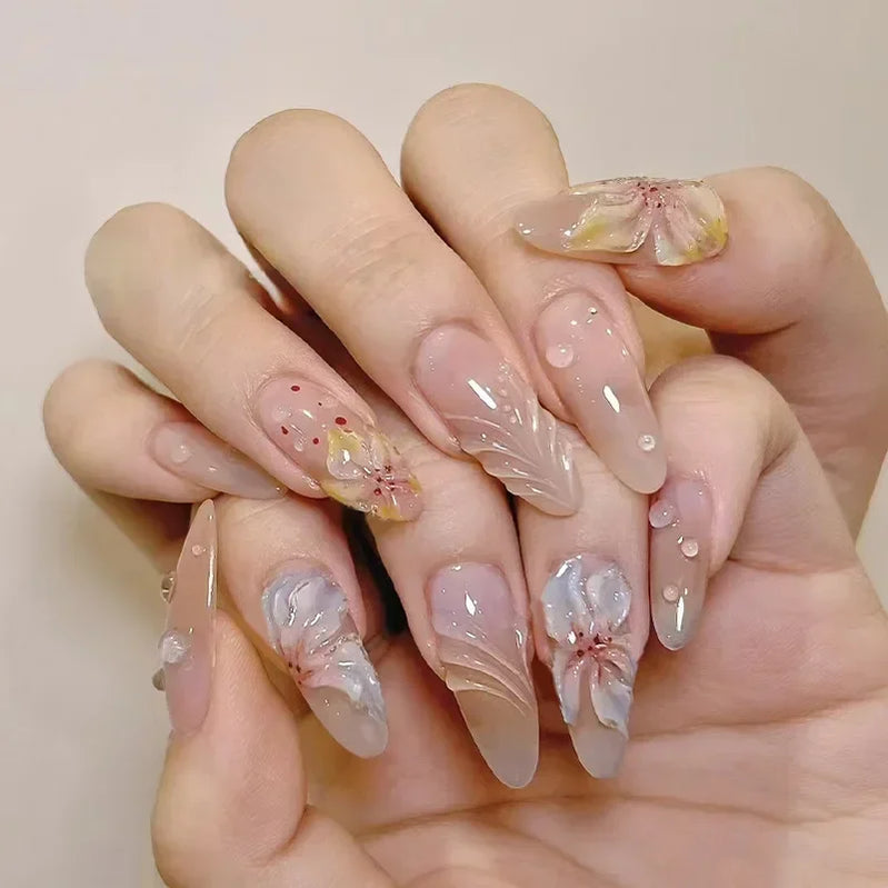 24Pcs French False Nails With Purple Edge  Almond Bow Flower Design Detachable Acrylic Fake Nails Long Stiletto Press On Nails