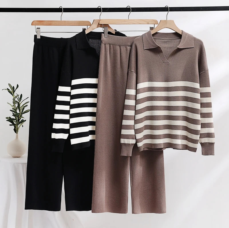 Winter Knit Tracksuit Two Piece Set Striped Sweater Matching Sets Women Knit Suit Knitted Two Piece Pants Sets For Women 2023