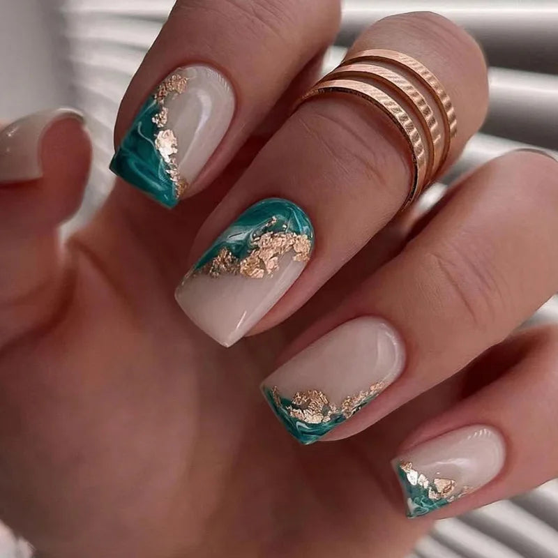24 peças unhas postiças curtas redondas azul-francês brilhante pérola branco ondulado amor coração cobertura total destacável pontas de pressão