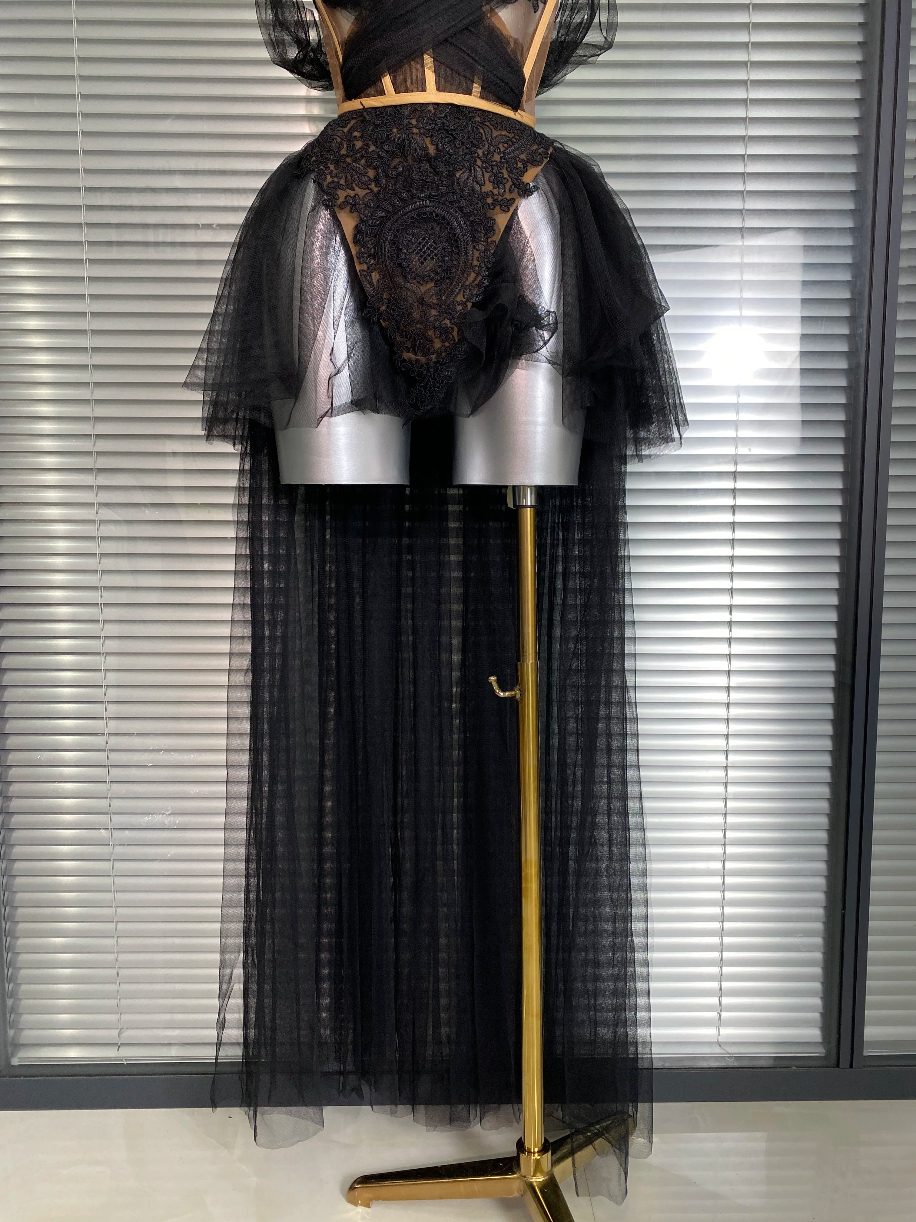 Summer New 2025 INS Sexy Two Pieces Set Women Celebrity Adjustable Laced Black Skirt Suits Stage Costume