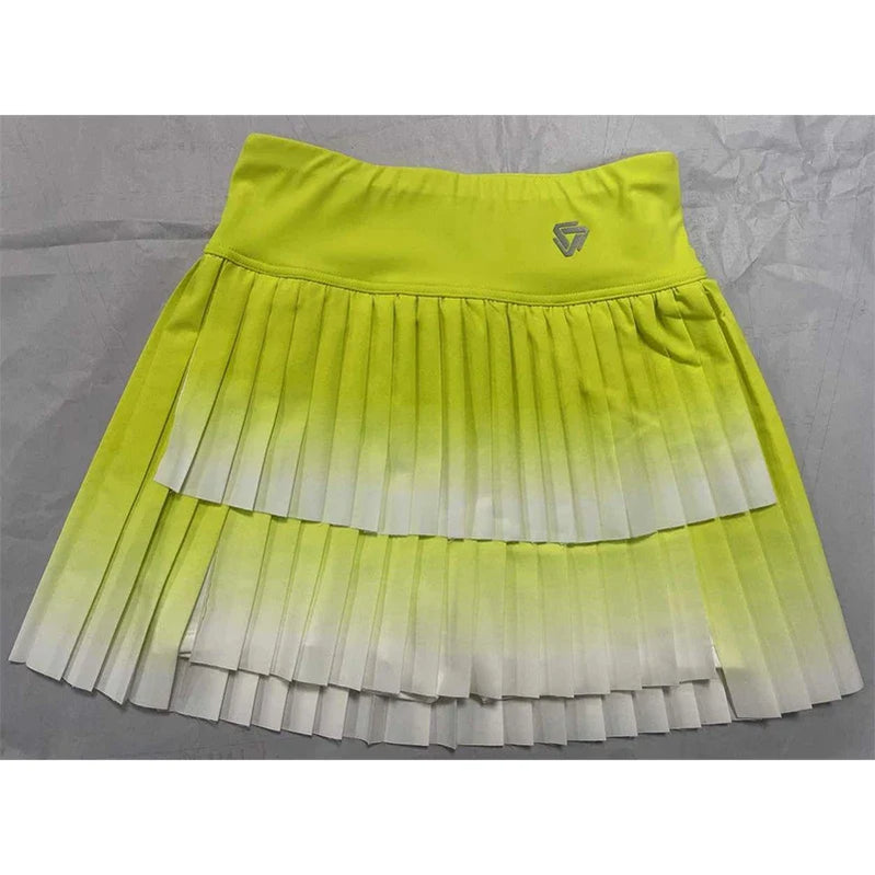 Women Gradient Double Layer Pleated Skirt Sports Golf Tennis Skirts Gym Fitness Running Yoga Soft Short Athletic Workout Skort NSRF2401604 Lemon