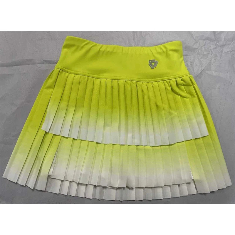 Women Gradient Double Layer Pleated Skirt Sports Golf Tennis Skirts Gym Fitness Running Yoga Soft Short Athletic Workout Skort NSRF2401604 Lemon