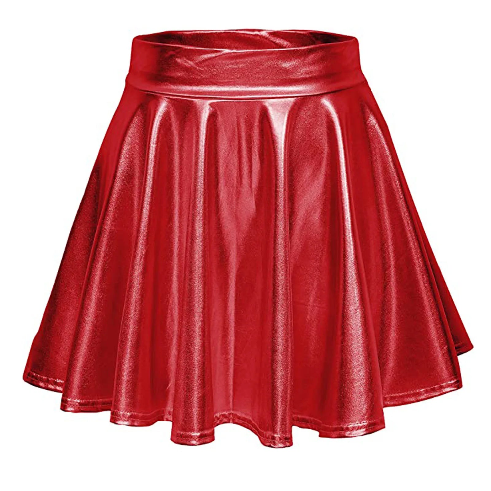 Women Shiny Metallic Pleated Skirt Stretchy High Waist A-Line Mini Skirts for Carnival Party Performance Nightclub Rave Dance Red