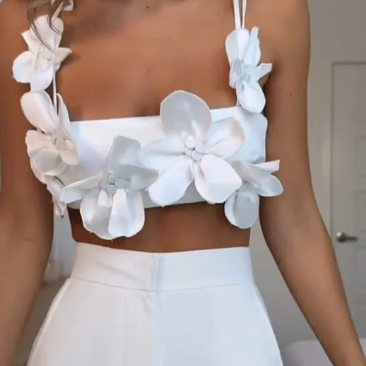 Summer Sexy 3d Flowers Sling Tank Tops Women Elegant Slim White Backless Crop Top New Chic Female Holiday Party Outfits