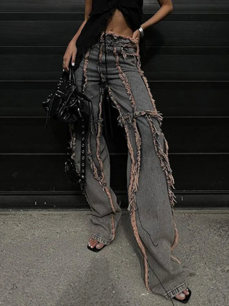 Streetwear Hip Hop Spliced Women Jeans Low Rise Loose Straight Tube Floor Dragging Pants Grunge Punk High Street Denim Pants Y2K