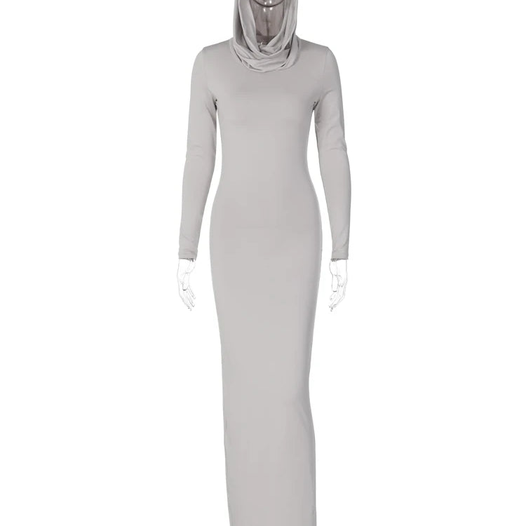 Women 2024 Autumn Winter Fashion Long Sleeve Streetwear Hooded Bodycon Long Dress Wholesale Items For Business