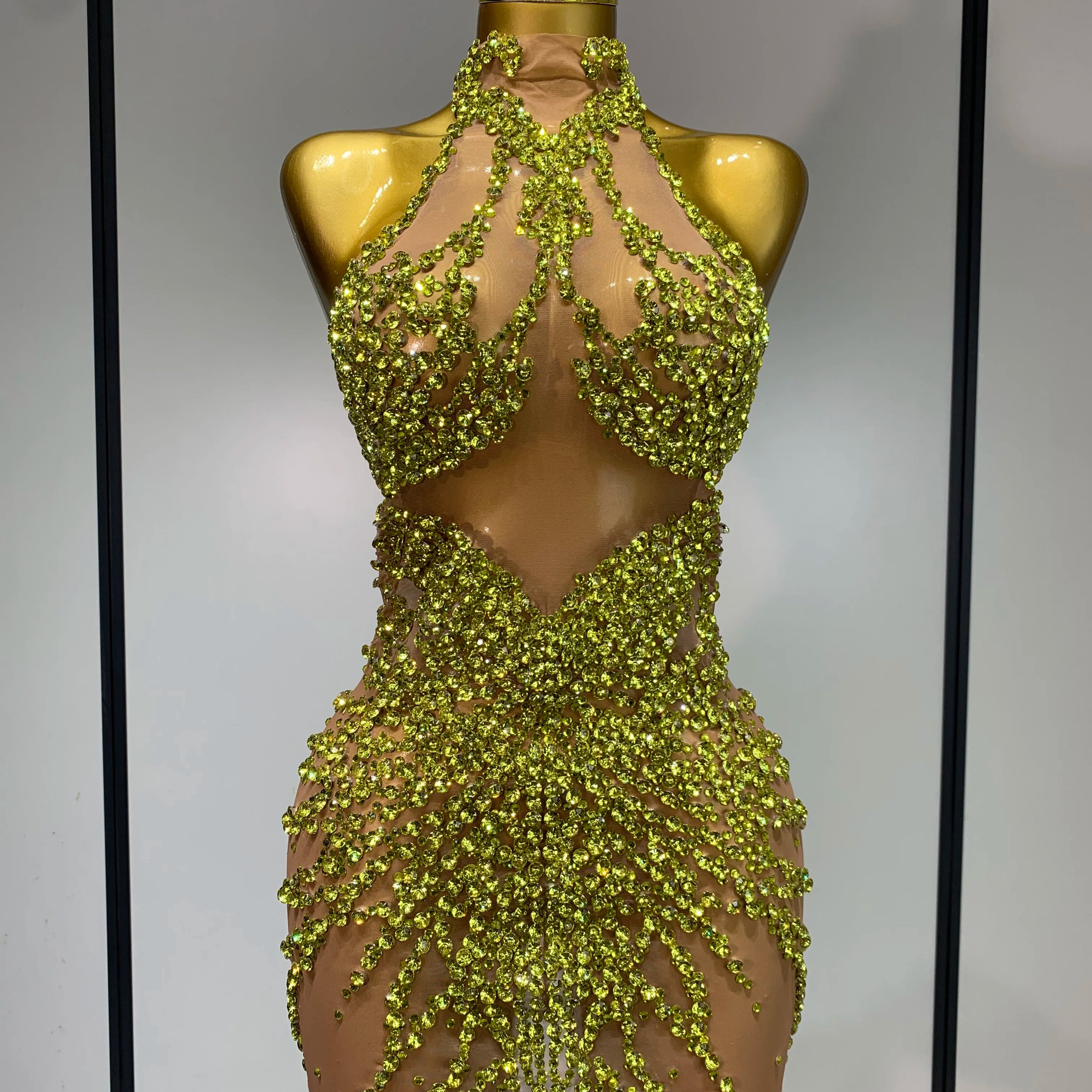 Luxury Rhinestones Mesh Transparent Prom Mini Dress Shinny Women Birthday Celebrate Party Prom Nightclub Outfit Stage Costume