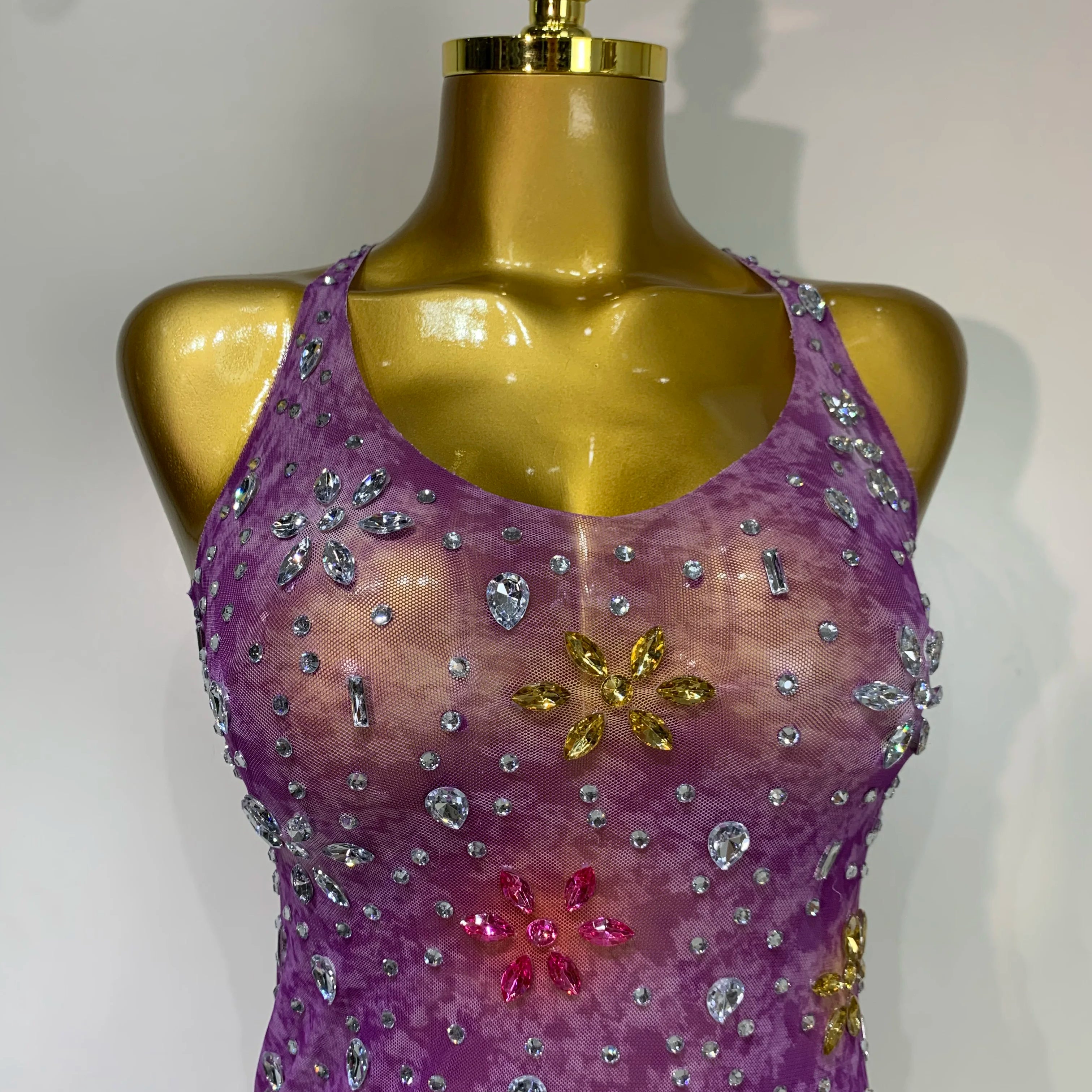 Women Sexy Mesh See Through Stretchy Sparkly Rhinestone Performance Costume Stage Dancer Nightclub Party Luxury Birthday Dress