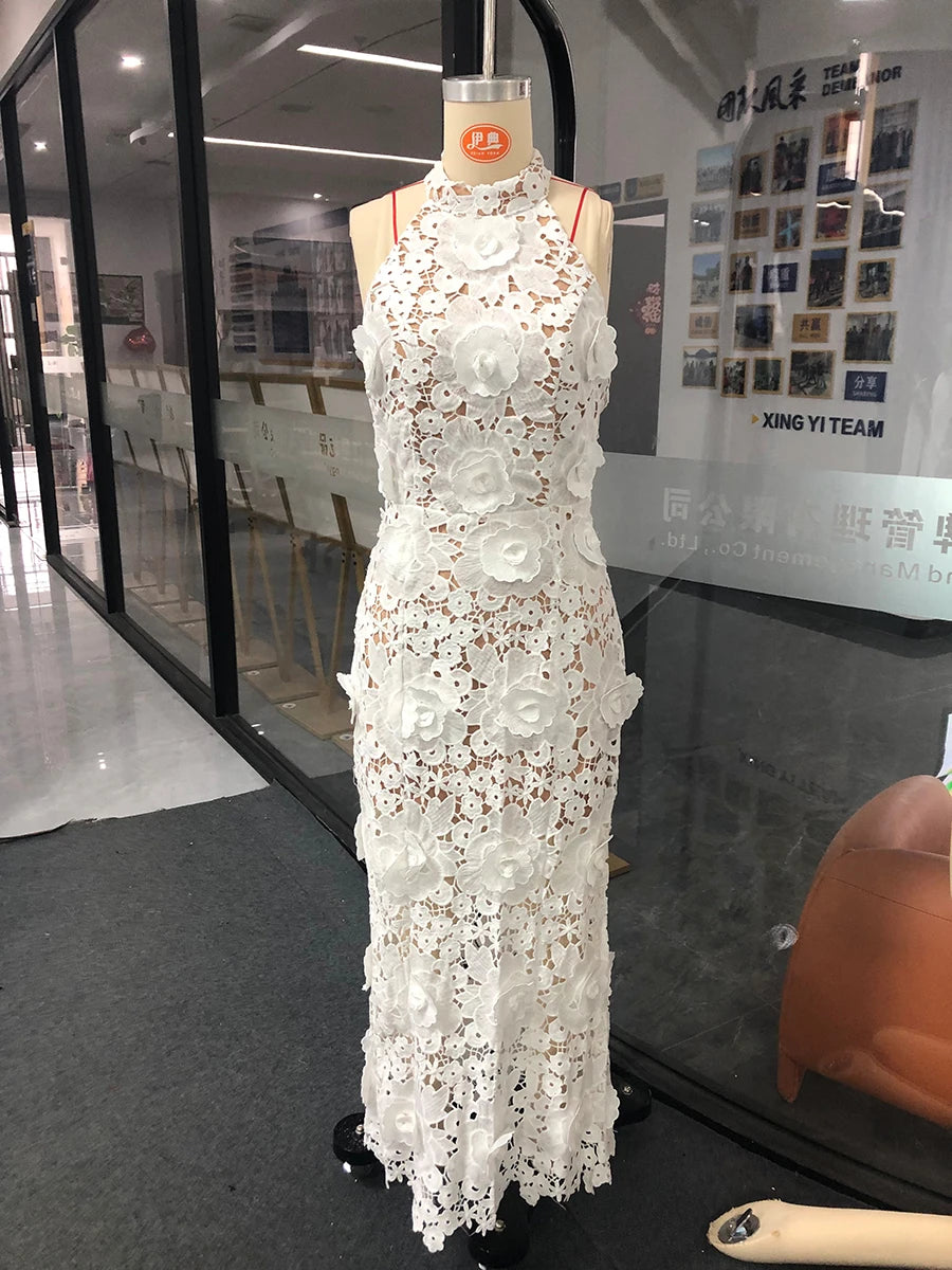 TWOTWINSTYLE Solid Slimming Hollow Out Dresses for Women Halter Neck Sleeveless Patchwork Appliques Elegant Dress Female Fashion