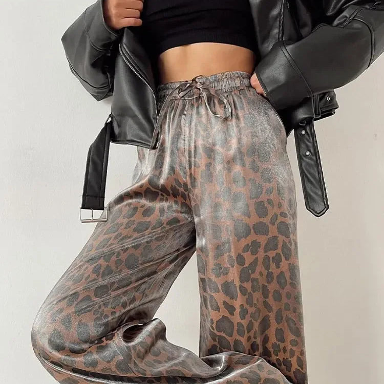 Fashion Leopard Print Wide Leg Pants Women Chic Glitter High Waist Elastic Lace Up Loose Long Pants Casual High Street Wear