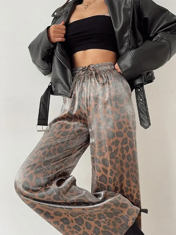 Fashion Leopard Print Wide Leg Pants Women Chic Glitter High Waist Elastic Lace Up Loose Long Pants Casual High Street Wear