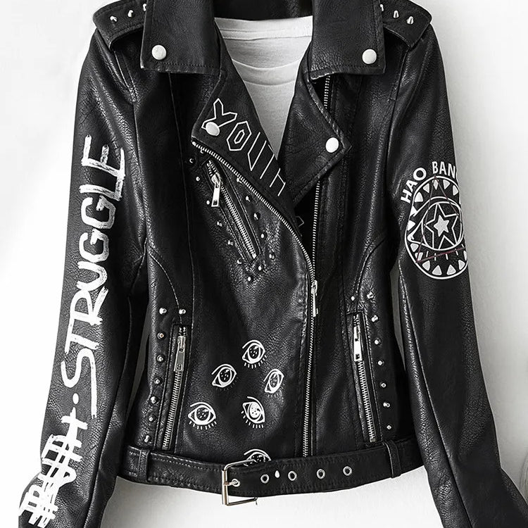 Fitaylor Autumn Winter Women Graffiti Print Faux Leather Jacket Lady Moto Bike PU Leather Coat Casual Rivet Jacket with Belt black