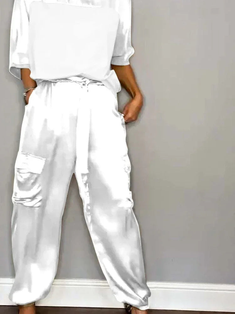 Summer Fashion New Elegant Women's Plus Size Set Street View Smooth Satin Half Sleeve Shirt Casual Pants Sports Two Piece Set