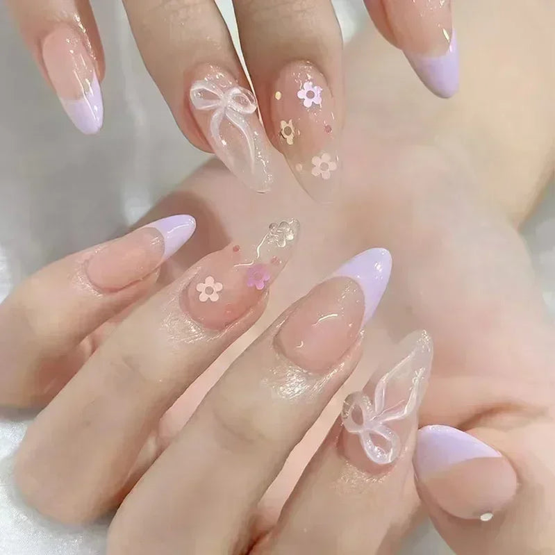 24pcs Short Almond Press on Nails 3D Flower Butterfly Fake Nails with Glue Colorful Natural Acrylic False Nails Full Cover Nails