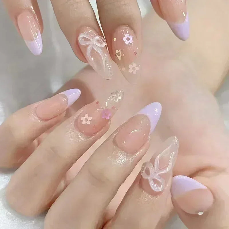 24pcs Short Almond Press on Nails 3D Flower Butterfly Fake Nails with Glue Colorful Natural Acrylic False Nails Full Cover Nails