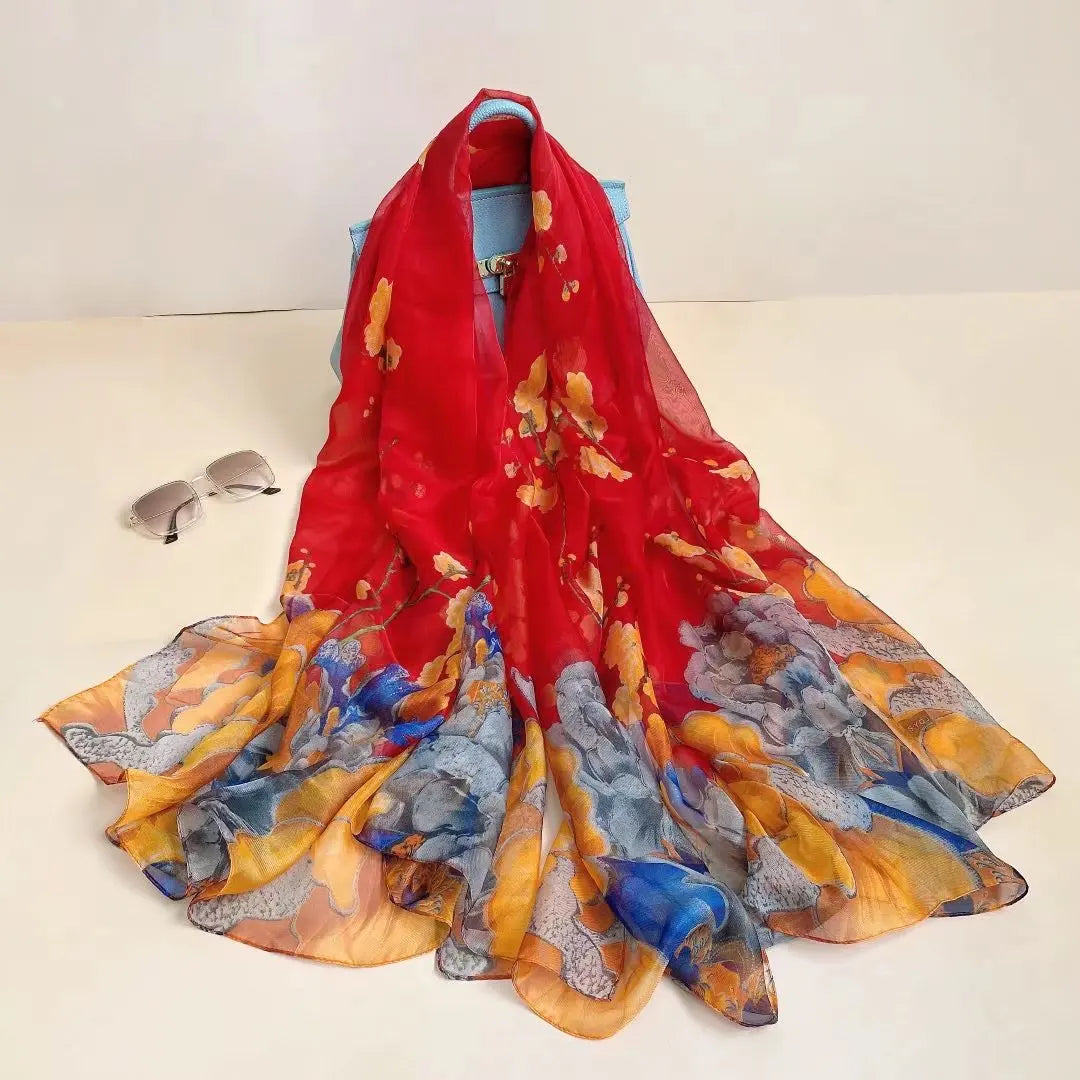 Print Silk Scarf Hijab Women Spring Deisgn Soft Beach Stoles Elegant Head Scarves Echarpe Shawl Satin Large Wrap Echarpe Bandana see chart 47