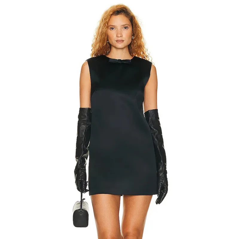 Women's Satin Pink Mini Dress Bodycon Bow Knot Dresses Sexy Club Party Evening Elegant Luxury Prom Dresses Winter Fall Clothes Black