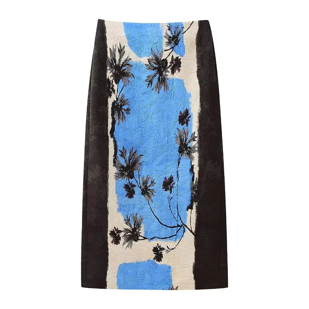 TRAFZA Summer New Fashion Holiday Printed Midi Long Skirt Zipper High Waist A Line Straight Skirts Vent Back Female Y2K blue