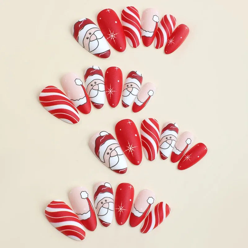 24Pcs Christmas Press-On Nails Collection Almond-Shaped Red French with Santa Claus Design Fake Nails Perfect for Gift To Women