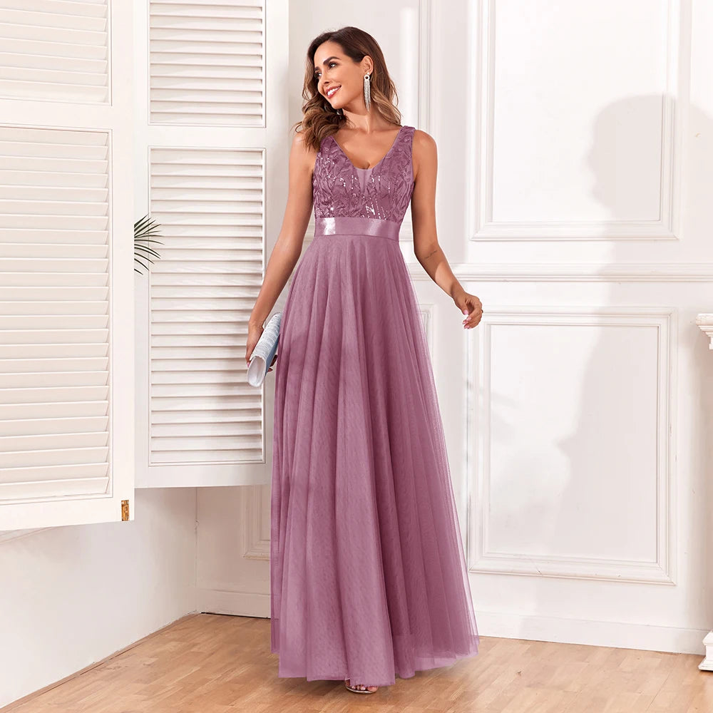 Sleeveless Evening Dresses V-Neck Leaf Tulle Embroidery Long Party Gown Elegant A-Line Formal Dress
