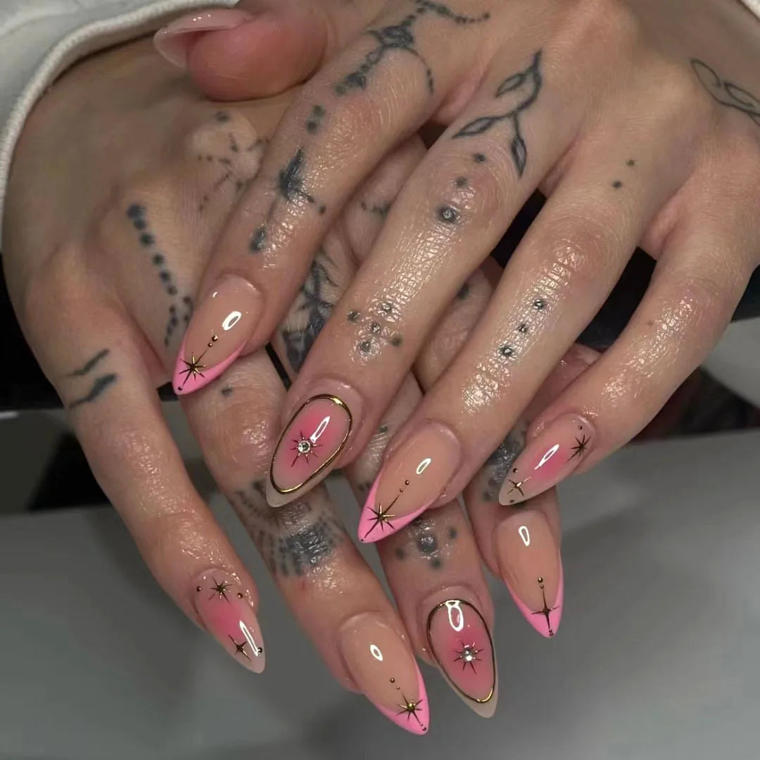 24Pcs Mid-length Almond Fake Nail Pink Blush Cool French Rhinestone Press on Nails with Metal Stripe Wearable Oval Manicure Art