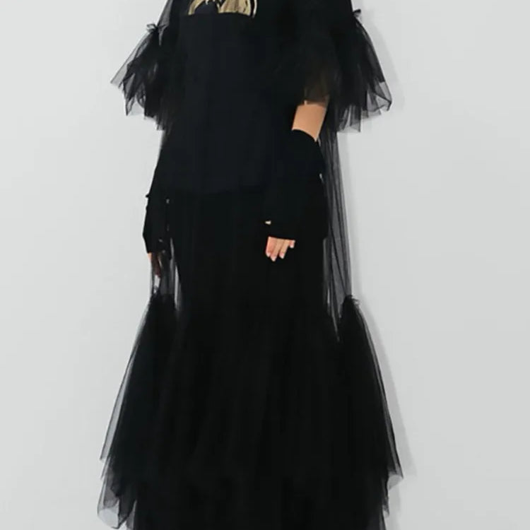 DEAT Summer Women's Dress New Fashion Round Neck Loose Gauze Spliced Ruffles Sleeve Ankle-length Dresses Female JR77101