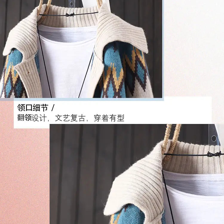 Female autumn and winter knitted button jacquard pocket long sleeve knitted cardigan women commuter art sweater coat