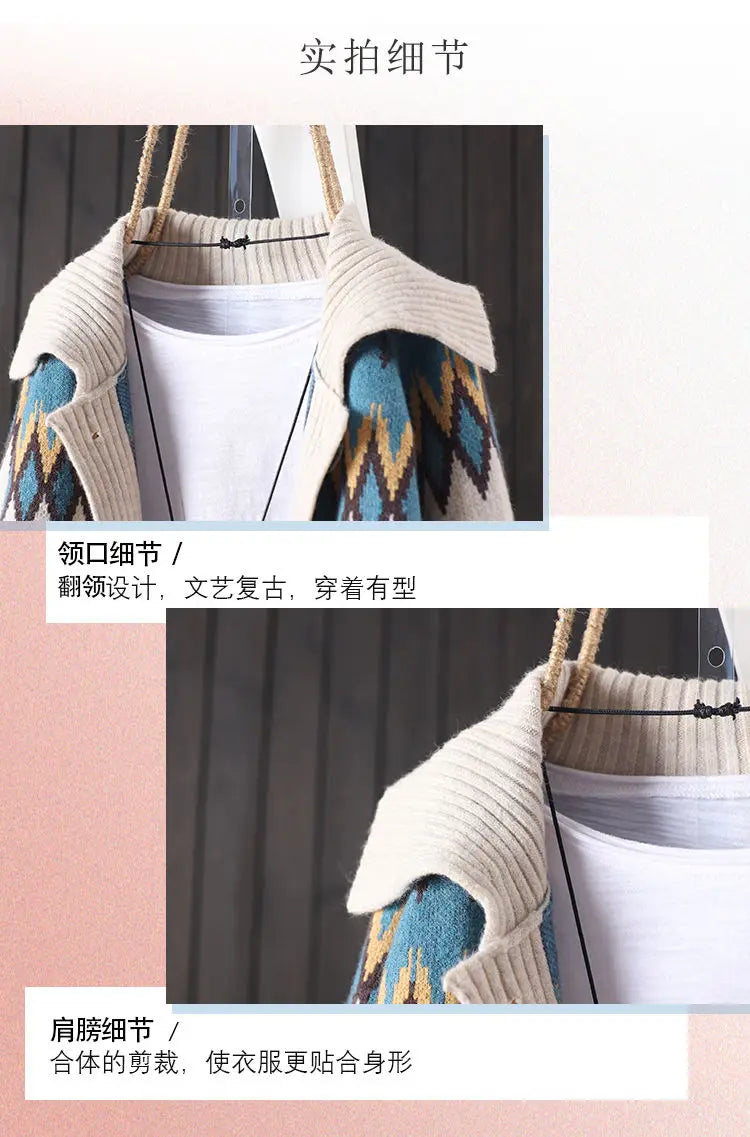 Female autumn and winter knitted button jacquard pocket long sleeve knitted cardigan women commuter art sweater coat