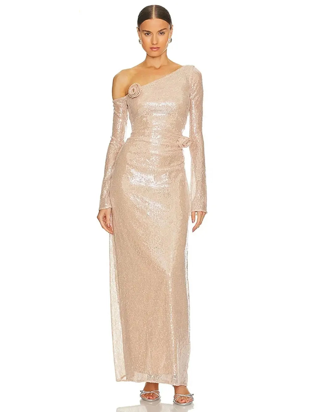 2025 Sexy Women's 3D Flower Shining Glitter Maxi Dress with Diagonal Collar Long Sleeve Bodycon Long Dress Evening Club Vestidos