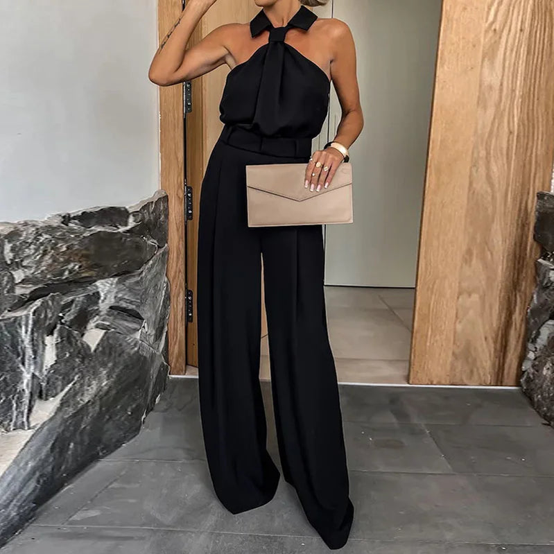 Wide Leg Pants Loungewear Bodysuits, Women Spring Summer Pocket Sleeveless Jumpsuits, Turn-Down Collar Simple Ladies Playsuits 04 Black