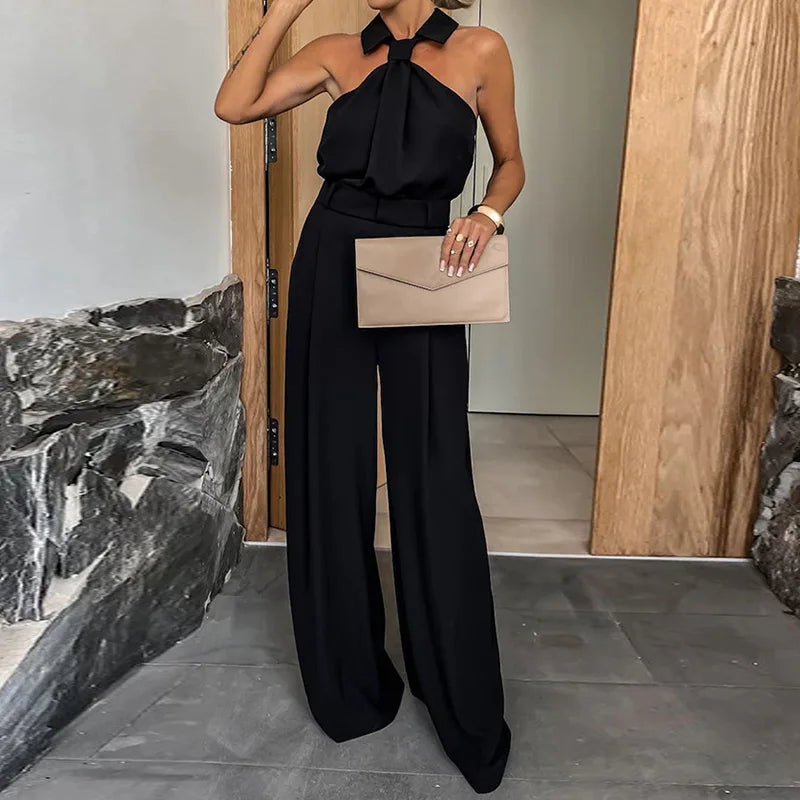 Wide Leg Pants Loungewear Bodysuits, Women Spring Summer Pocket Sleeveless Jumpsuits, Turn-Down Collar Simple Ladies Playsuits 04 Black