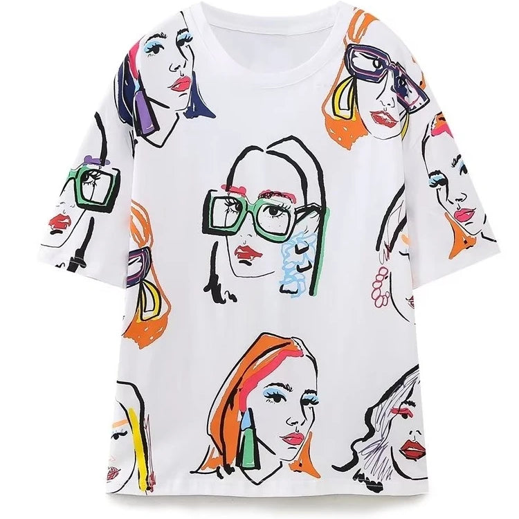 Women Fashion Contrast Color Girls Print Casual T Shirt Female Basic O Neck Short Sleeve Chic Leisure Tops T3069