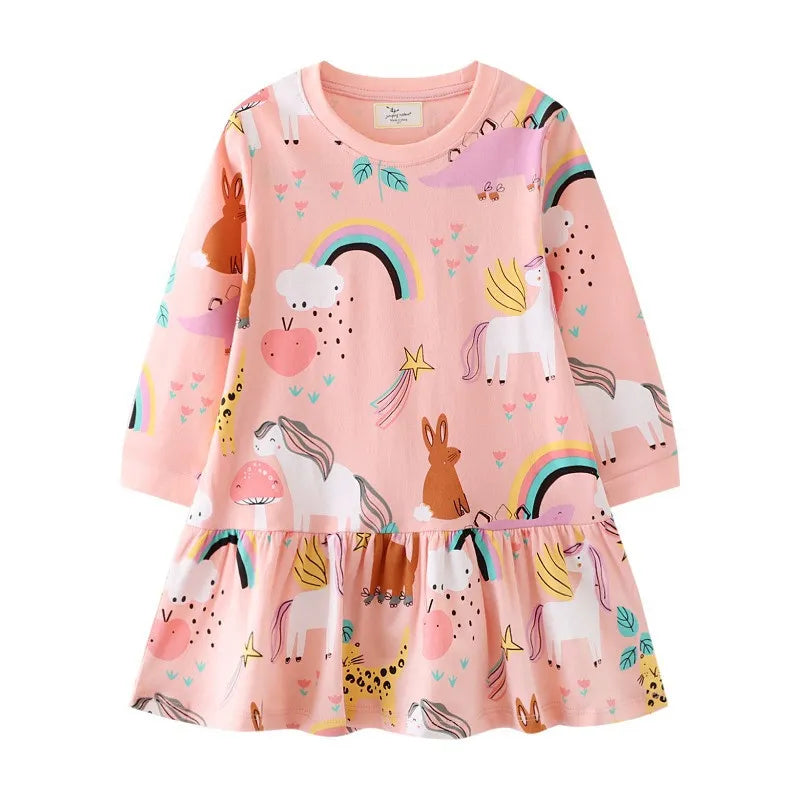 Children's Princess Unicorn Dresses For Autumn Spring Long Sleeve Baby Costume Birthday Toddler Kids Frocks T7386