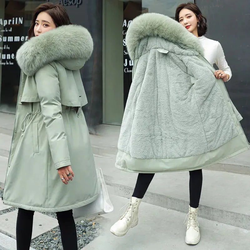 Winter Jacket Women Parka Clothes Long Coat Wool Liner Hooded Jacket Fur Collar Thick Warm Snow Wear Padded Parka